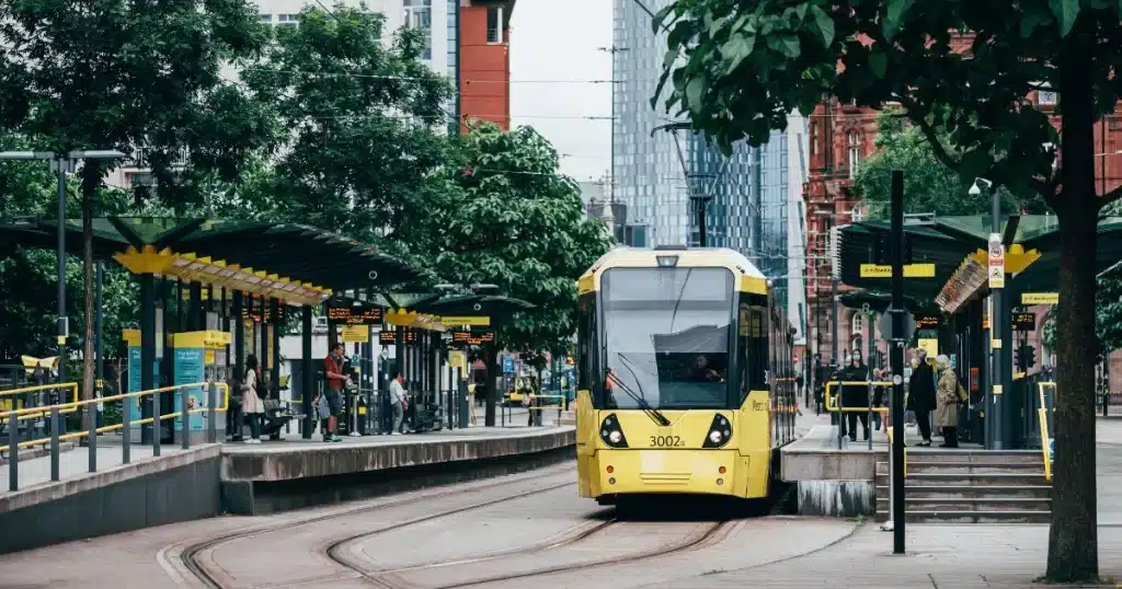 Tram transporting commuters in Manchester