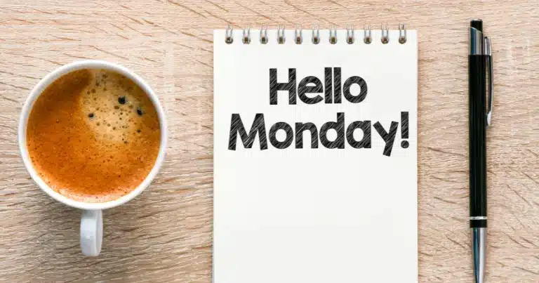 An IT recruitment consultant is ready for a new week, having planned the week ahead, with a cup of coffee, a pen and notebook reads 'hello monday'!