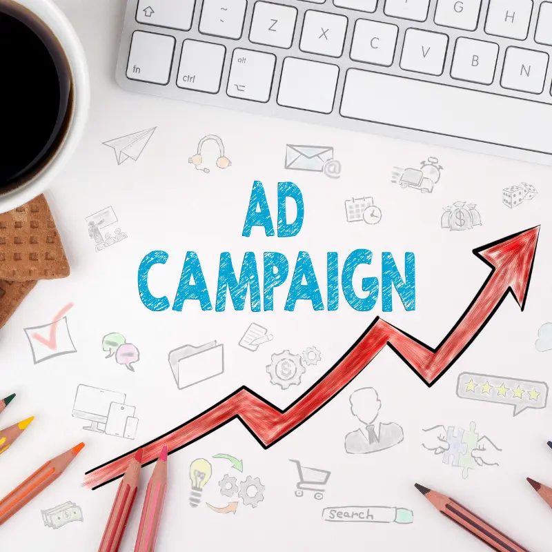 An illustration reads "Ad campaign" and shows a rising chart, painted over other elements involved in a digital marketing campaign