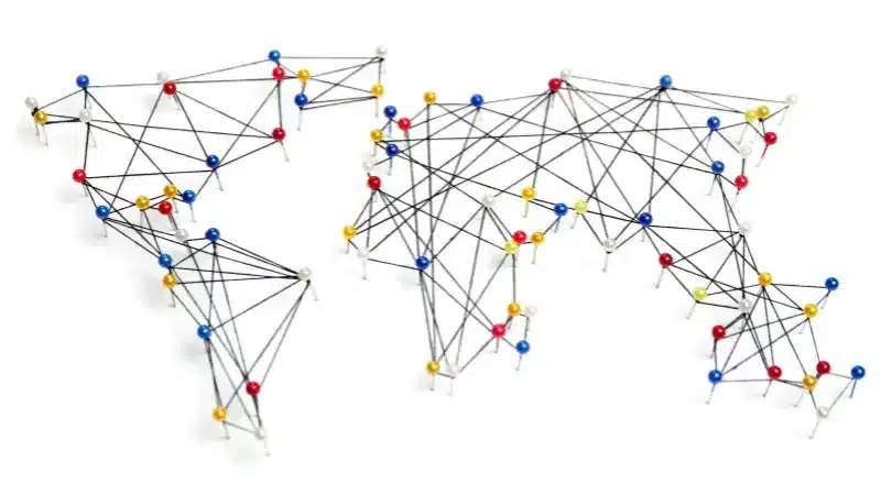 A world map with interconnected pins of colours, to represent Adria Solutions' global talent pool