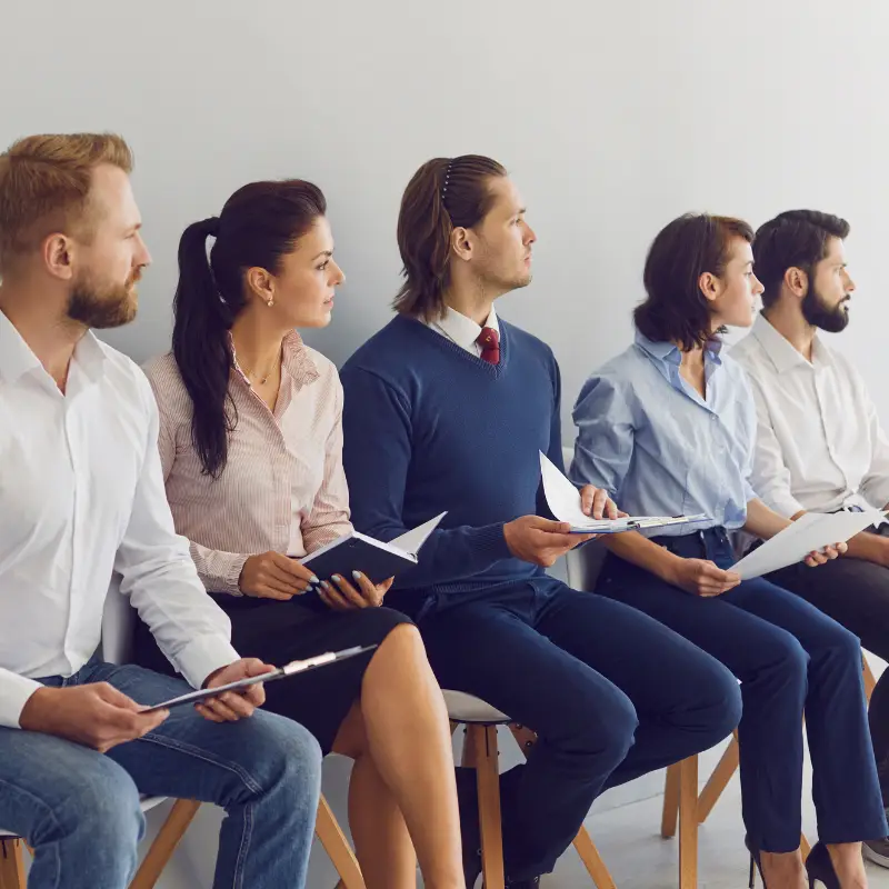 Five candidates, two women and two men, wait patiently at a company's reception area to be called in for a job interview.